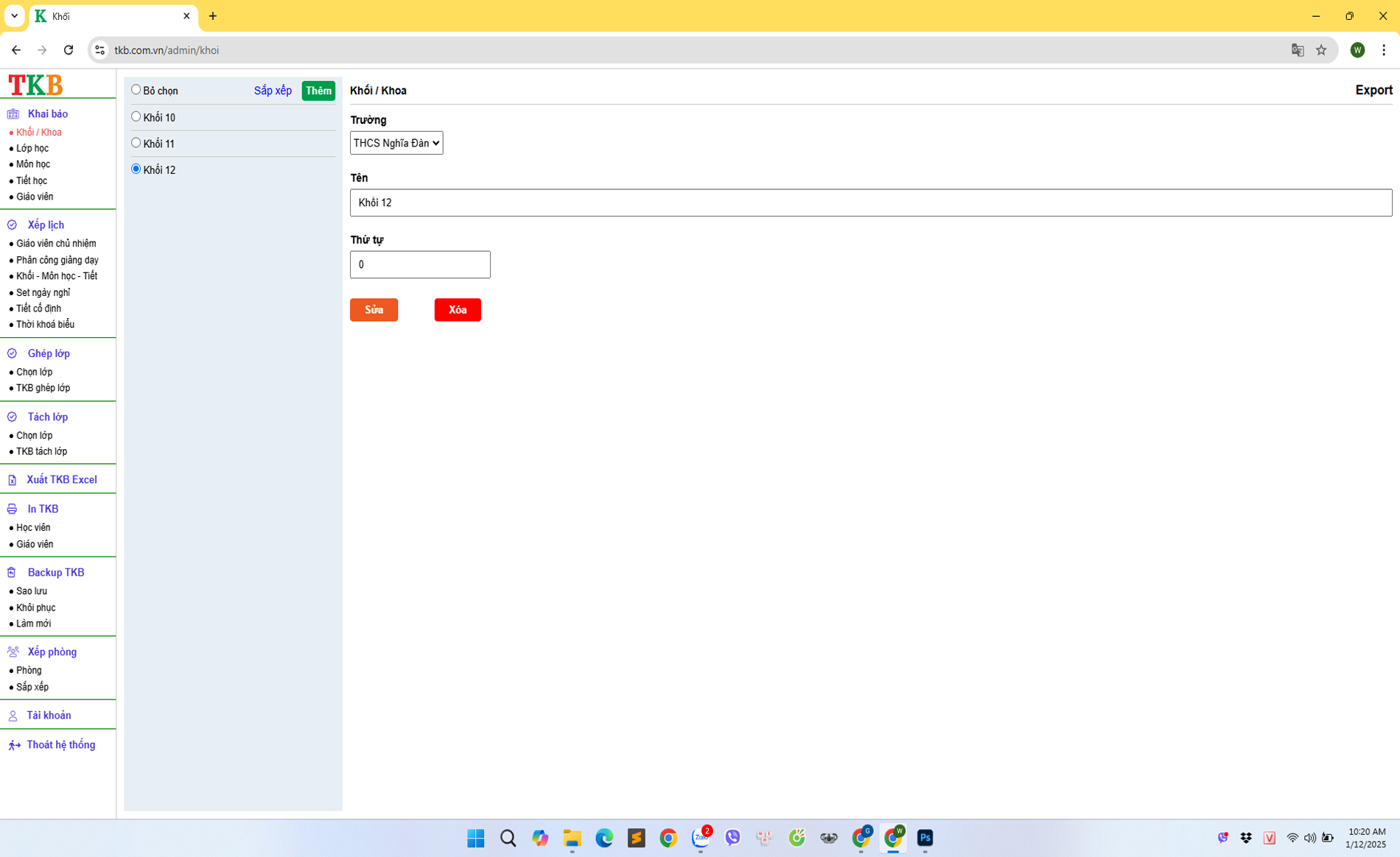Khai báo khối phần mềm thời khóa biểu