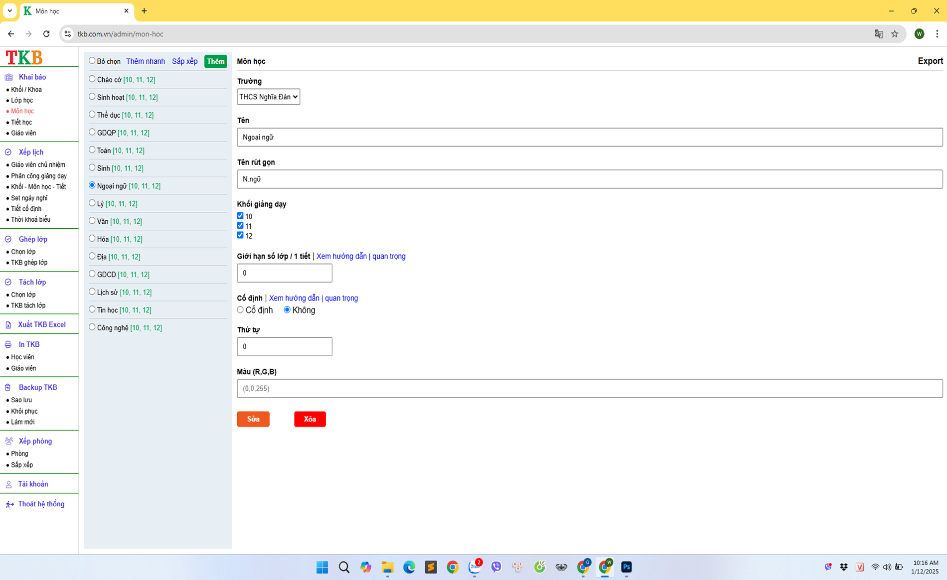 Môn học trong phần mềm thời khóa biểu