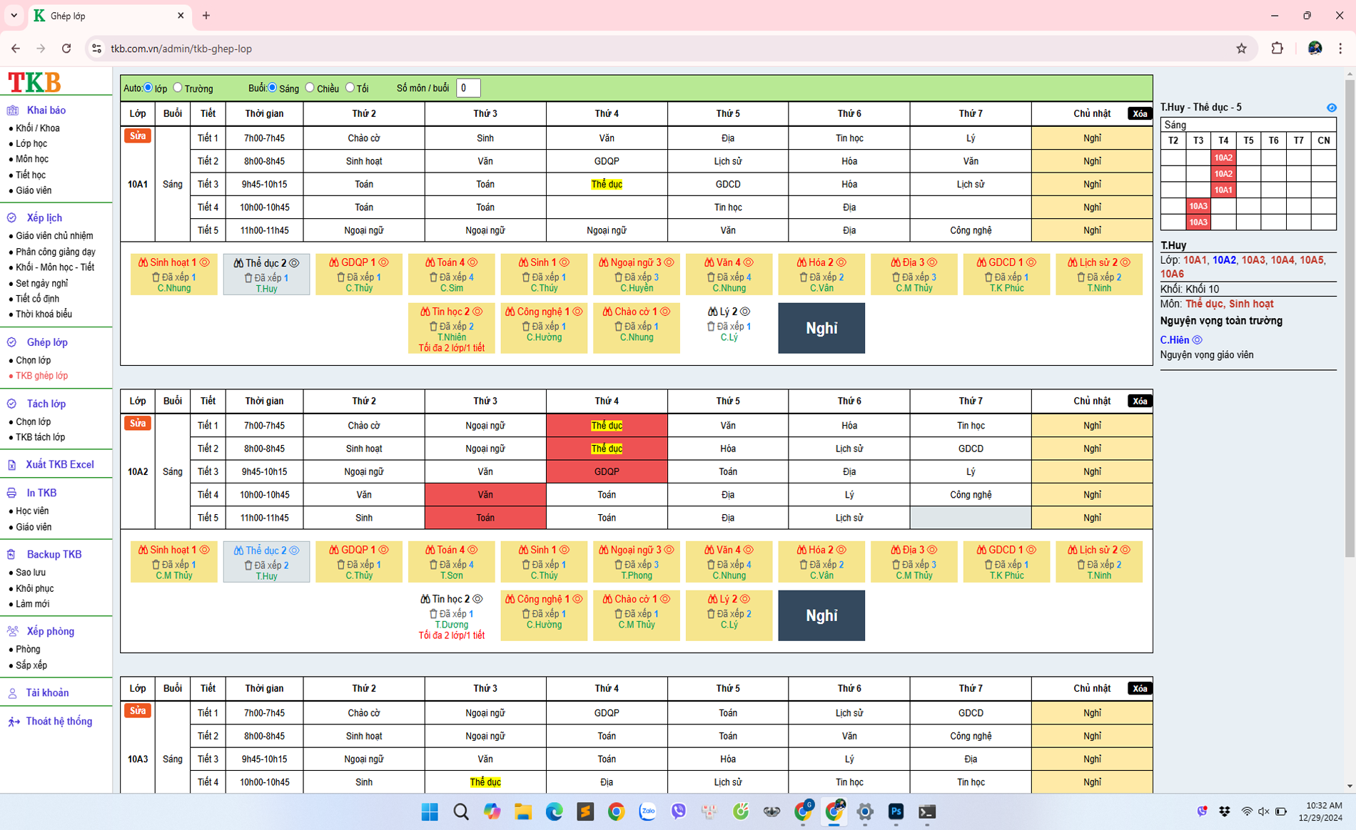 Giao diện thời khóa biểu xếp ghép lớp