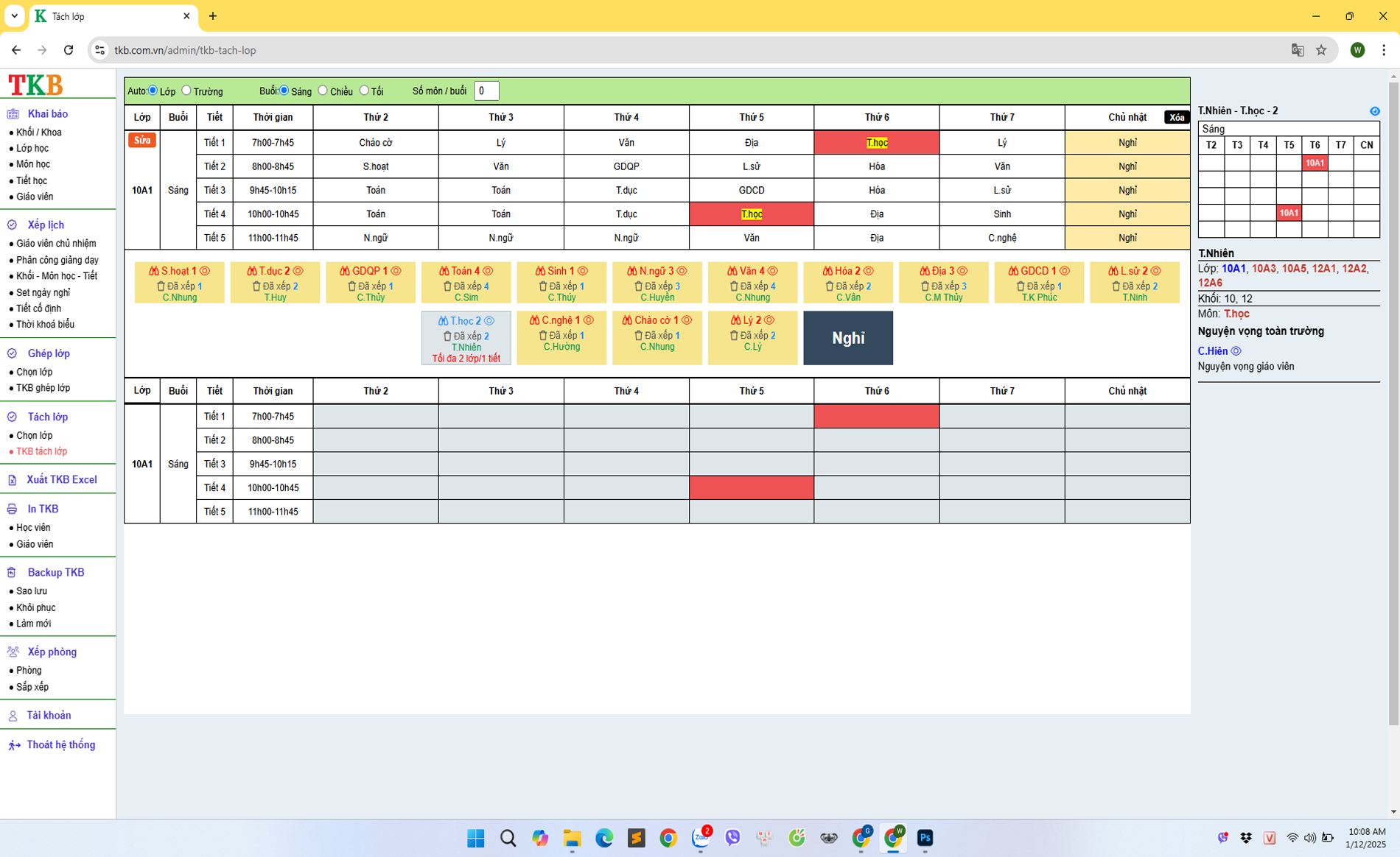 Xếp tách lớp thời khóa biểu với giao diện đơn giản