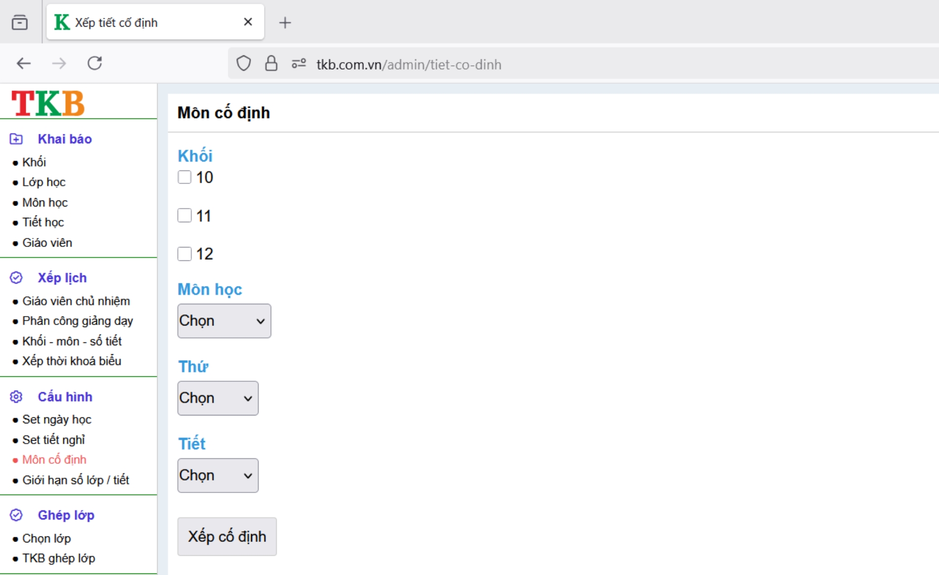 Xếp thời khóa biểu môn cố định